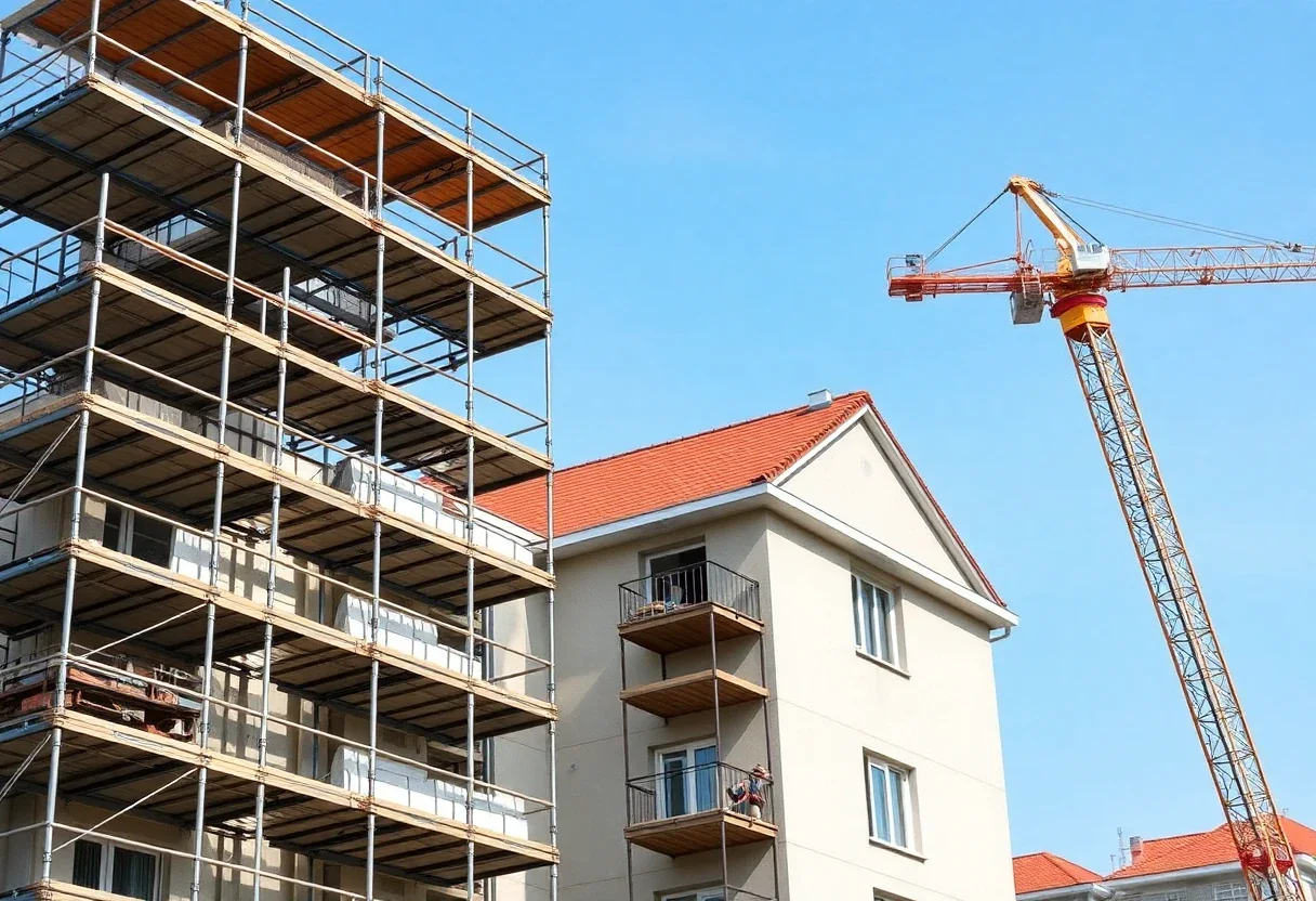 Edificio en construcción con andamios y una grúa